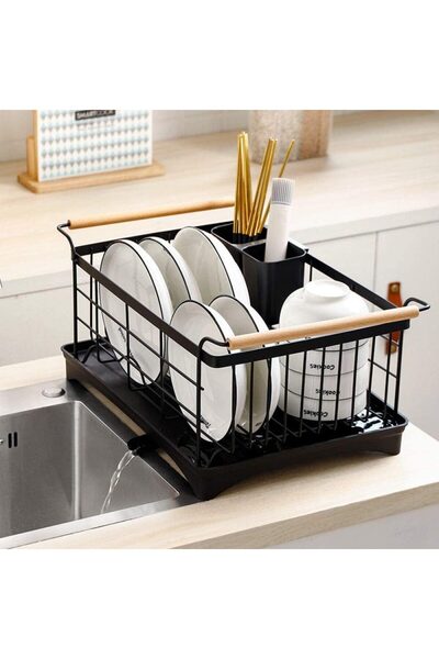 Quasar & Co. Scurgator de vase Quasar & Co.®,cu suport tacamuri,manere lemn, tava scurgere,metal,42x30 cm,negru