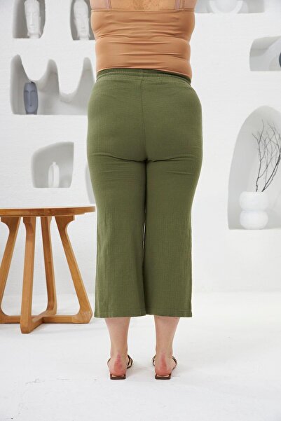 RMG Wide Leg Large Size Cotton Trousers Capri Khaki