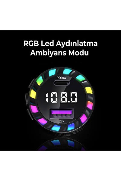 Mega Oto Market Rgb Işıklı 5.3 Bluetoothlu Çakmaklık 30w Usb Type C Hızlı Şarjlı Araç Kiti - Eller Serbest Modlu