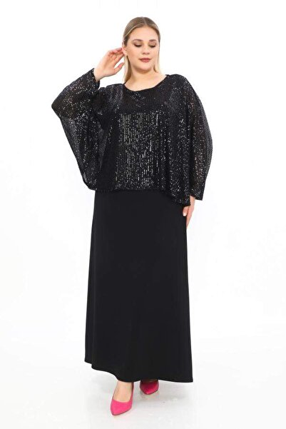 ANGELINO Büyük Beden Pelerin Detaylı Abiye Elbise Gls7777