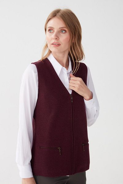 Desen Triko Women's Steel Knit Pocket Zippered Plain Knitwear Vest Red