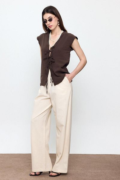 SHERIN Beige 100% Cotton Dad Fit Trousers