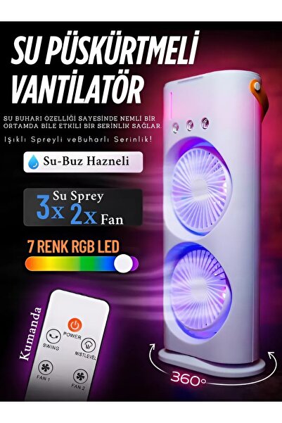 nextbuy 2x Fanlı USB Şarj LED Işıklı Masaüstü Vantilatör Taşınabilir Kablosuz Su Buharlı Kamp Hava Soğutucu
