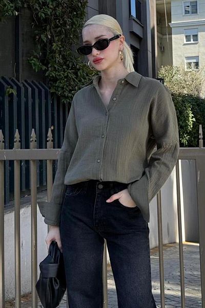 Madmext Khaki Muslin Fabric Basic Women's Shirt Mg1660