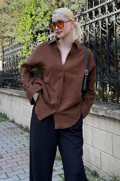 Madmext Дамска риза от кафяв муселинов плат, MG1660