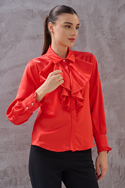 SHUGAA KADIN ÖNÜ FIRFIRLI TAŞ DÜĞME DETAY TASARIM SATEN GÖMLEK