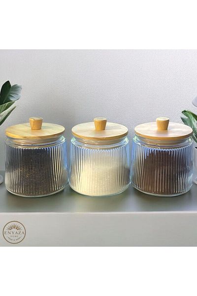 ENYAZA(2024) 3-Piece Bamboo Vacuum Lid Striped Glass Tea Sugar Coffee Salt Pulses Storage Jar 800 ml