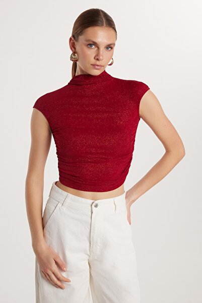 Tudors Kadın Slim Fit Dar Kesim Lastikli Kısa Kol Bordo Bisiklet Yaka Bluz