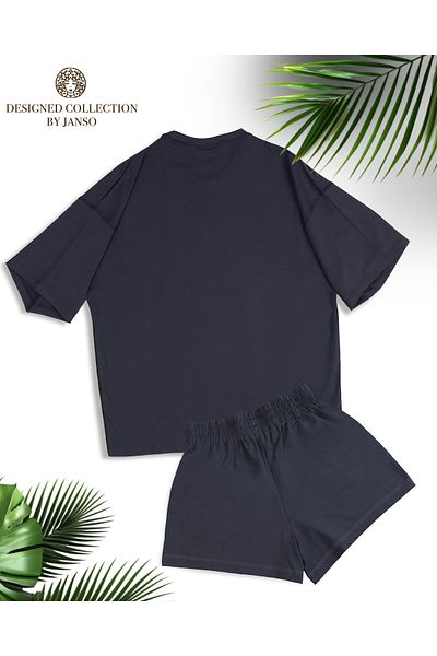 JANSO GROUP -Women's Short Sleeve Bow Printed Tshirt-Shorts 2-Piece Set Large Size Oversize Cotton