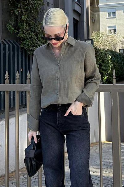 Madmext Khaki Muslin Fabric Basic Women's Shirt Mg1660