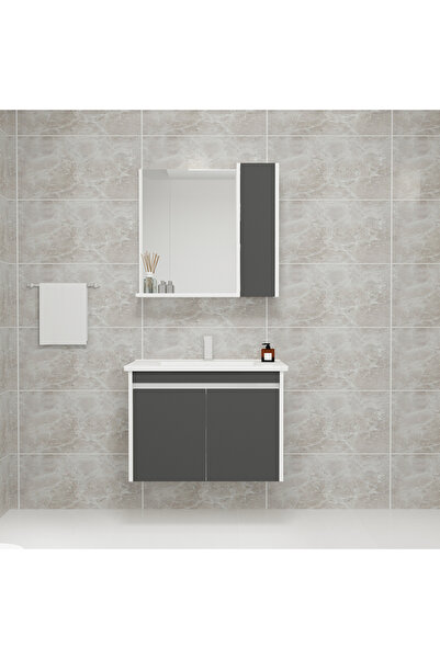 ARNETTİ Maya 80cm Lavabolu Banyo Dolabı Takımı Beyaz Gövde Antrasit Kapak - M...