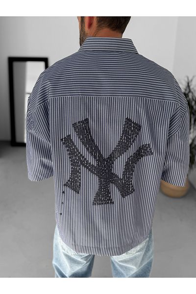 BYBASICMAN Navy Blue Ny Striped Oversize Shirt Gj-023