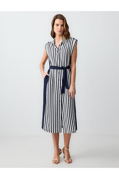 Jimmy Key Navy Blue Relaxed Cut Shirt Collar Line Patterned Sleeveless Linen Midi Dress