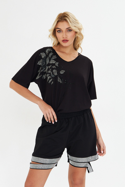 MODA Black Leaf Pattern Stone Embroidered Short Sleeve Lycra Women's Combed Cotton Blouse