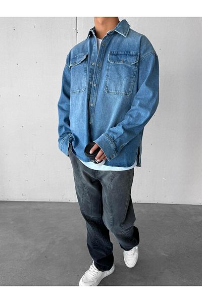 ablukaonline Ανδρικό Premium τζιν πουκάμισο Oversize - Τσέπη, Μπλε