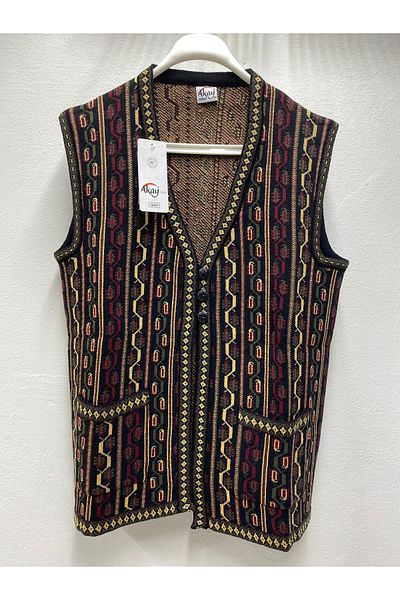 Akay Sheen Woven Ethnic Stripes Pattern Strick with Pocket Button Thick Mother's Day Women's Mother's Knowwear Vest