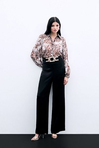 Sateen Satin Crepe Trousers with Waist Belt - Black