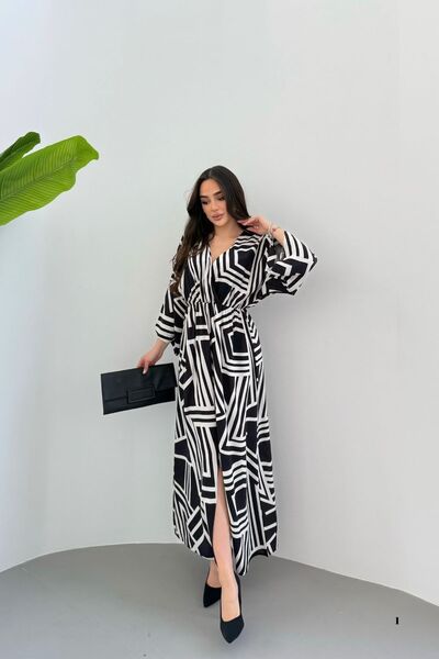 Mezka Rochie neagră de damă cu model geometric, talie elastică, cu fantă lungă, la două piept