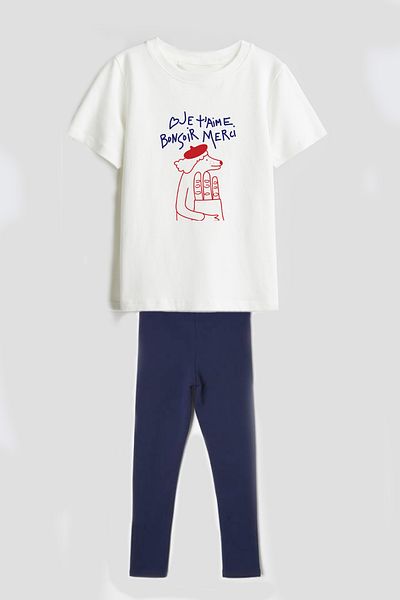 Monila Girl's Cotton Fabric Printed Tshirt and Ribbed Leggings Bottom Top Set