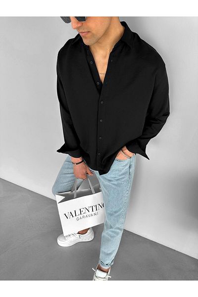 ablukaonline Мъжка тънка ежедневна риза Oversize, черна