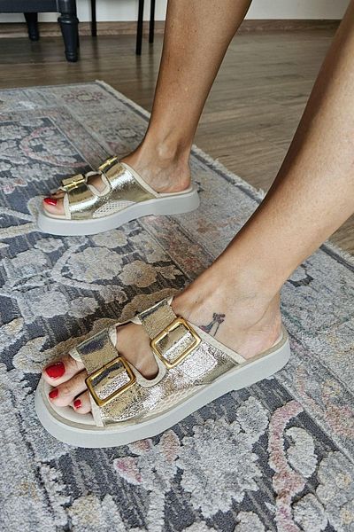 Topukla Footwear 022 20711 Women's Genuine Leather Double Buckle Mesh Detailed Comfort Slippers with Heel