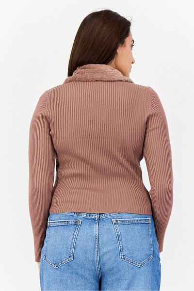 No Comment Women Spread Collar Ribbed Zipper Cardigan, Brown