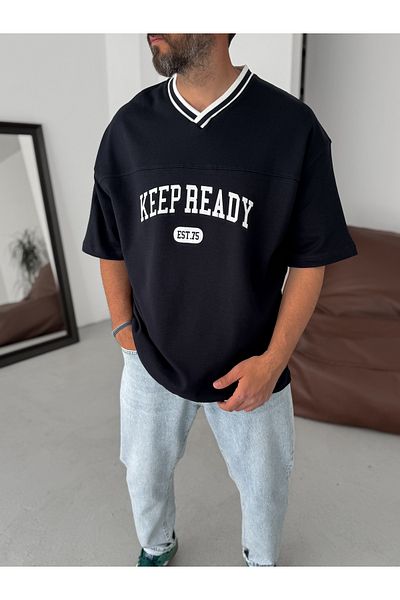 BYBASICMAN Navy Blue Keep Ready V-Neck Oversize T-Shirt Pm-061