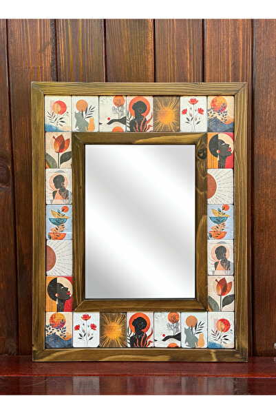 Butik Doğal Ahşap Çerçeveli UV Baskılı Taş Ayna 36x46 cm (Bohem Desen) Konsol Aynası