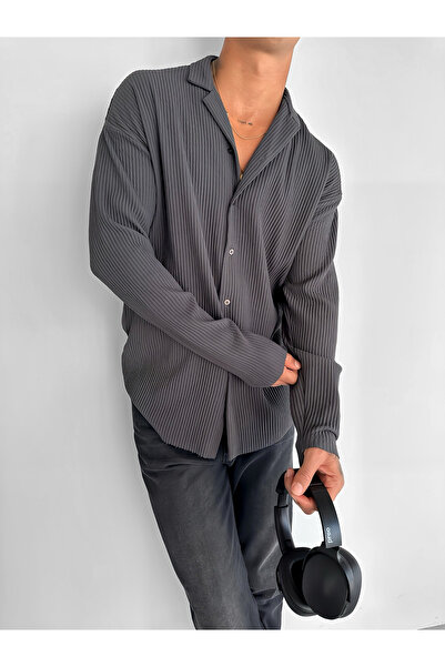 ablukaonline Erkek Oversize Fitilli Apaş Yaka Gömlek Füme