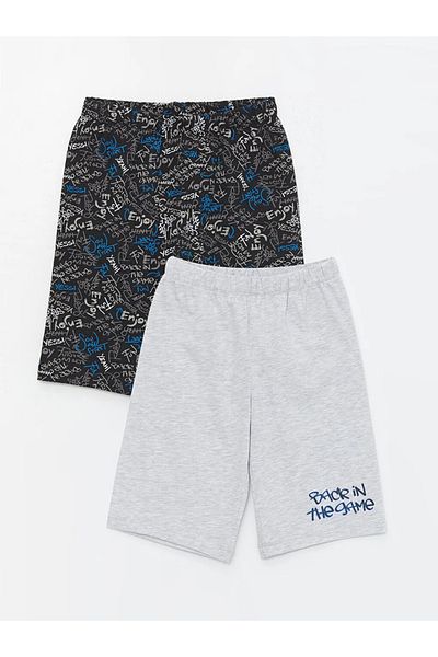 LC Waikiki Black Elastic Waist Printed Boys' Pajama Shorts 2-Piece