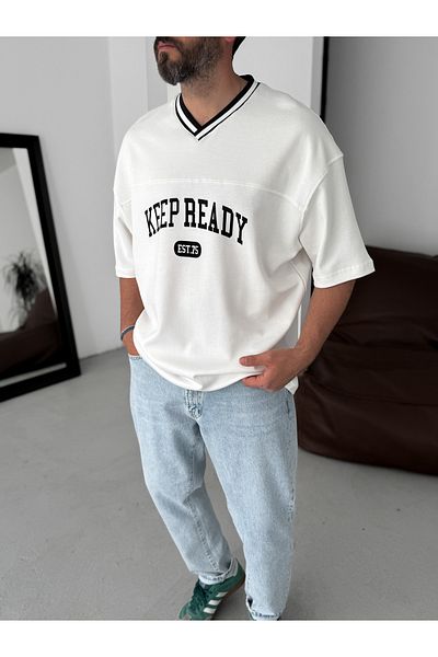 BYBASICMAN White Keep Ready V-Neck Oversize T-Shirt Pm-061