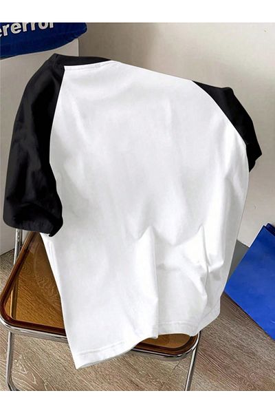 VBSVİBES Nyc Printed Single Jersey White Black Raglan Sleeve T-Shirt - Oversize Crew Neck T-Shirt