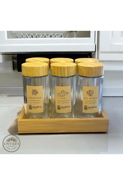 ENYAZA(2024) Set of 6 Bamboo Glass Spice Shakers with Lid and Stand - Salt Shaker and Pepper Shaker Spice Set with Labels 120 ml