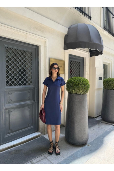 Aymood Rochie cu mânecă scurtă cu guler din țesătură cu textura moale Osy Modal - Albastru