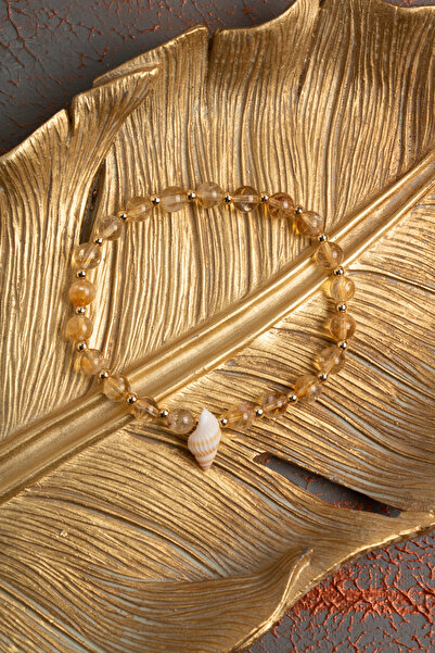 ÇAKRA DOĞAL TAŞ Sertifikalı Sitrin Doğal Taş ve Deniz Kabuğu Detaylı Bileklik