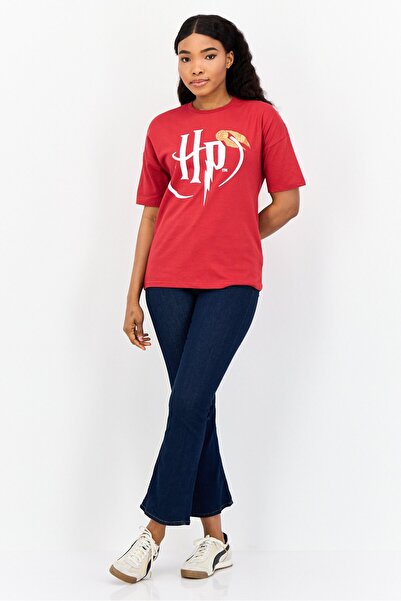 Harry Potter Women Crew Neck Short Sleeve Brand Logo T-Shirt, Red