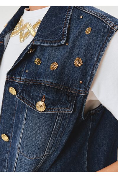 Exquise Stone Detailed Cotton Indigo Denim Vest