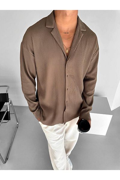 ablukaonline Ανδρικό πουκάμισο Oversize με ριμπ γιακά καφέ