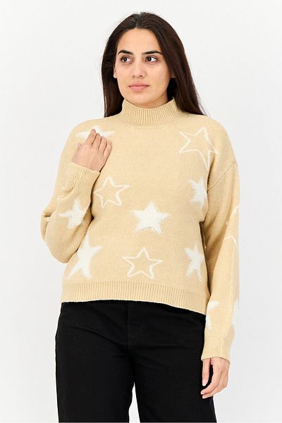 No Comment Women Mock Neck Knitted Sweater, Khaki