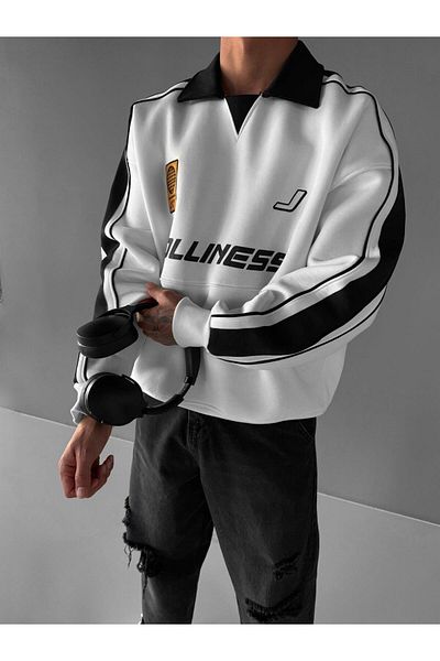 ablukaonline Λευκό ανδρικό φούτερ Polo Neck College Oversize