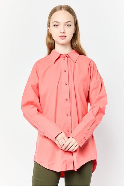Esprit Women Spread Collar Long Sleeve Plain Shirt, Carrot Red