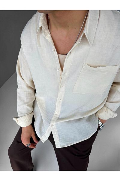 ablukaonline Ανδρικό λινό πουκάμισο Oversize Μπεζ - 100% Βαμβάκι