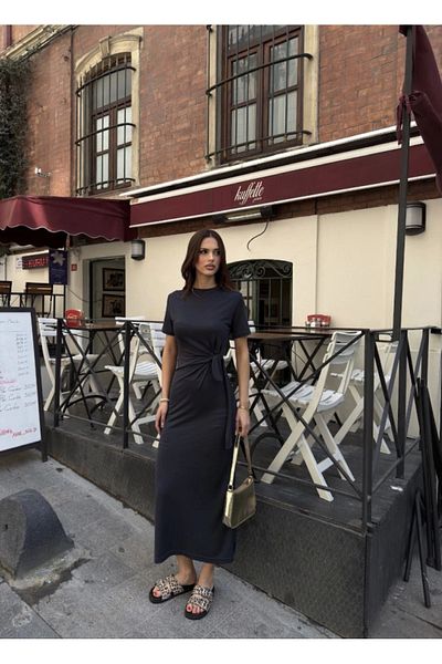 Aymood Rochie lungă cu mânecă scurtă, cu mânecă scurtă, din țesătură moale, texturată, cu curea - afumată
