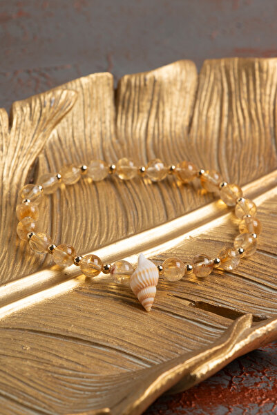 ÇAKRA DOĞAL TAŞ Sertifikalı Sitrin Doğal Taş ve Deniz Kabuğu Detaylı Bileklik