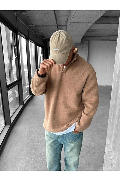 ablukaonline Ανδρικό φούτερ Polo Neck Fleece σε ανοιχτό καφέ χρώμα