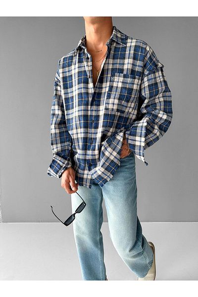 ablukaonline Ανδρικό oversize καρό ριγέ καρό μακρυμάνικο πουκάμισο μπλε