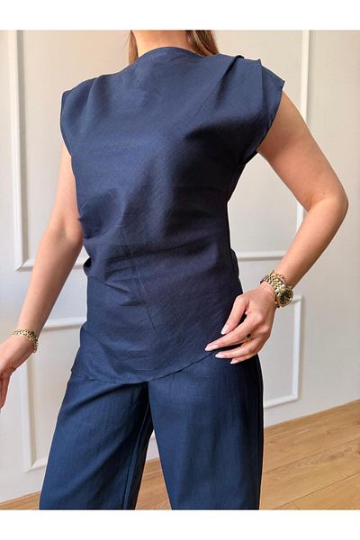 Size Özgü Navy Blue Hem Asymmetrical Suit