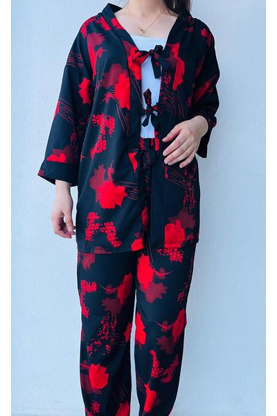 LAVİN GİYİM Women's Half Sleeve Black-Red Rose Patterned Colorful Kimono Suit