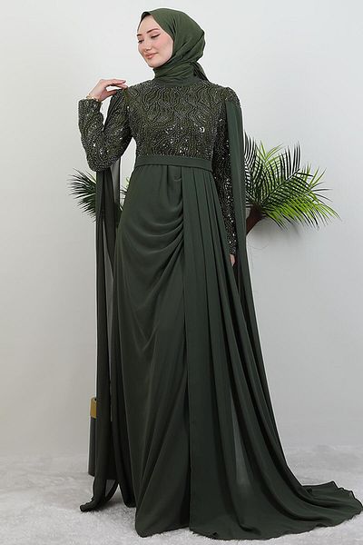 GİYZAMİLA Münteha Hijab Evening Dress Khaki