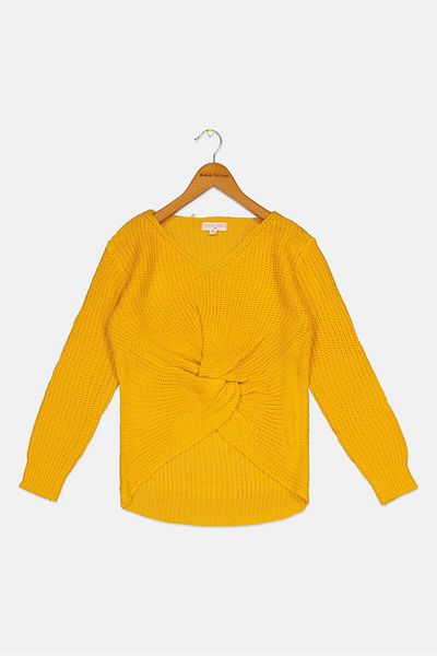 Poof Girl Kids Girl V Neck Knitted Sweater, Yellow